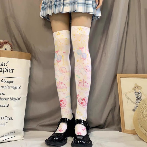 Kvinder Lolita tegneserie lår høje strømper Sød Kawaii ballon Piggy Jordbær kage Print Cosplay over knæ lange sokker