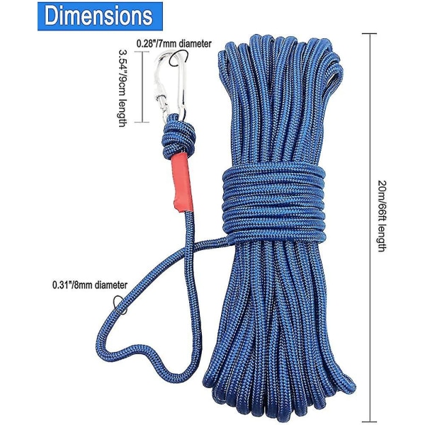 Fiskemagnettau med karabinkrok, utendørs tau flettet tau 20m høy strekk