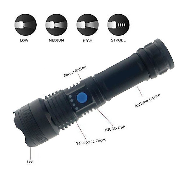 Laddningsbar LED-ficklampa med USB-kabel för vandring och hundpromenader
