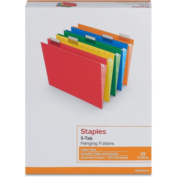 Staples Heavy Duty Hængende Filmapper, 5-fane, Letter Størrelse, Assorterede Farver, 25/æske