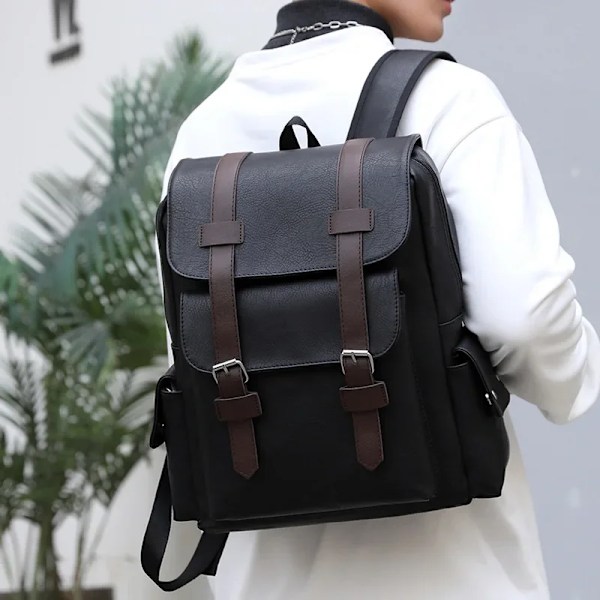 Herre Vanntett Lær Skulder Ryggsekk Retro Casual Stor Kapasitet Student Business Laptop Bag Reise Skole Ryggsekk Mote Negro