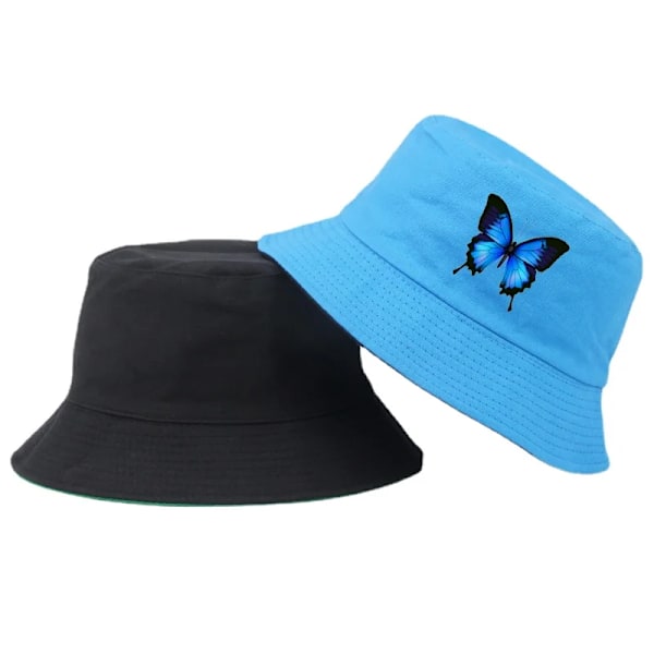 Hot Sale Harajuku Blå Sommerfugl Spand Hat Unisex Casual Strand Sol Hat Ukraine National Emblem Guld Foldbar Bomuld Panama Hat Blue Butterfly 09