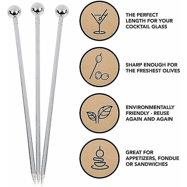 50 stk. rustfrie stål cocktailpinde i metal, 4,3 tommer