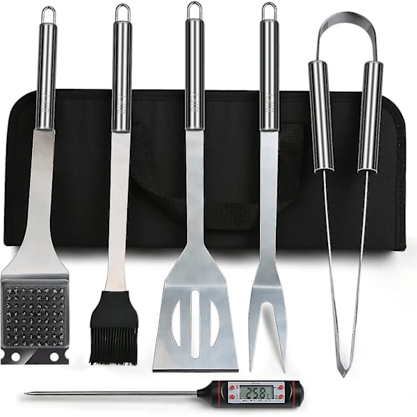 6 i 1 Grill Bestik Etui + Grill Termometer Rustfrit Stål Grill Bestik Sæt 6 Dele