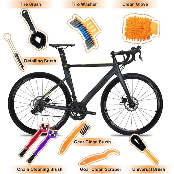 9-delt rengøringsbørste Cykel Professionel cykelbørstesæt Cykelkæderens Rengøring Scrubber Tandhjulsbørste Rengøringshandsker til værktøj