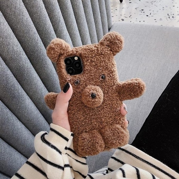 Cute Plush Cartoon Bear Mobile Phone case for iPhone 12Mini Pro Max 7 8 Plus XR XS 11Pro Max Silicone Soft Back Cover,Dark Brown,for iphone12Pro