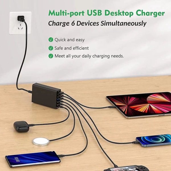 96W 6-ports USB-ladestasjon for skrivebord med 3 USB-C-porter og QC3.0-porter, 20W hurtiglader EU-plugg