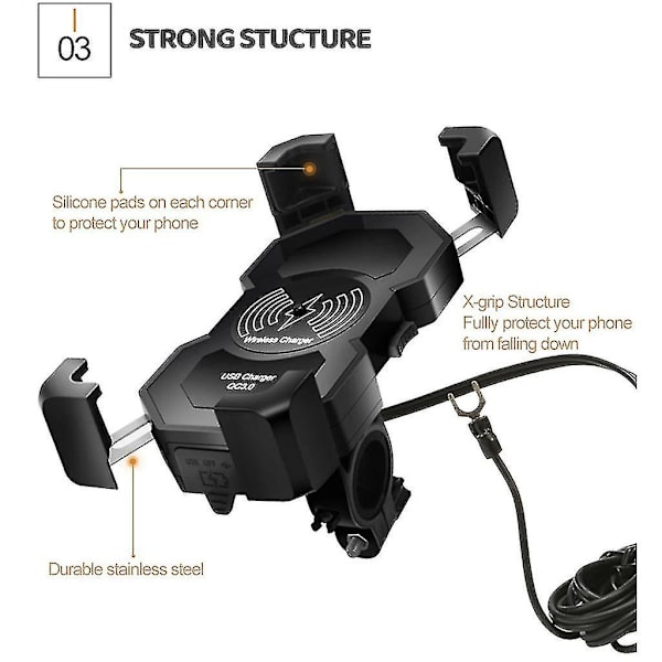 Motorsykkel QC3.0 USB 15W Trådløs Laderfeste Styretelefonholder (bejoey)