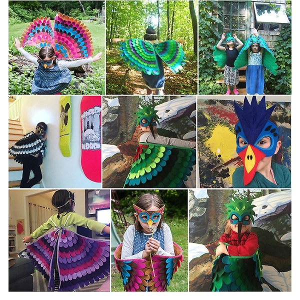 Birds Wings Kostumesæt Halloween Peacock Papegøjekappe med filtmaske Børn Fancy Dress Upw37