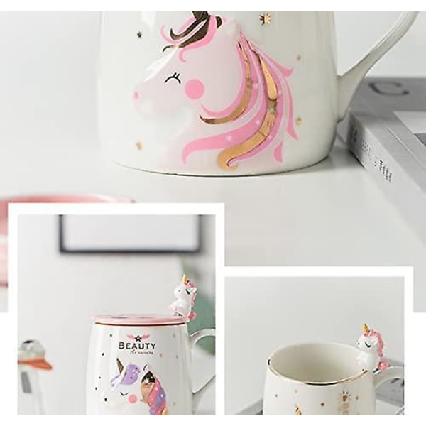 Enhjørningkrus med skelåg Kid tegneserie Mlik-krus Nordisk stil keramisk kaffekop tekop gavekontorhjem (enhjørning Pink Moon, 380 ml)