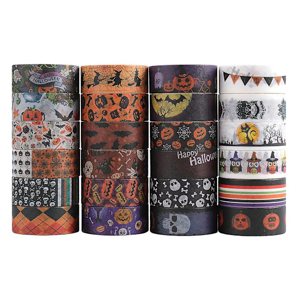 24 rullaa Halloween-washi-teippejä, kurpitsan, lepakon ja kallon kuvioita, aikuisille ja lapsille, DIY-taiteeseen, käsitöihin ja lahjojen pakkaamiseen