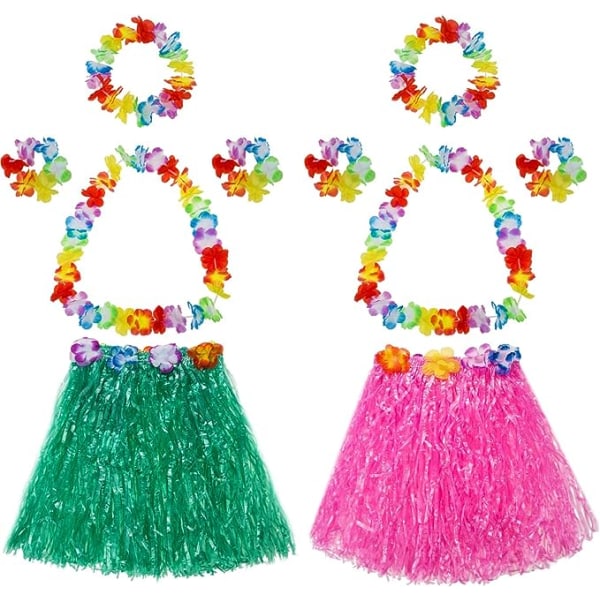 Elastisk hawaiiansk hulagræsnederdel med blomsterkostumesæt til fest stranddans fancy kjole, flerfarvet, 2 sæt