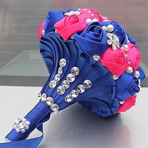 Kongeblå Fuchsia Satin Rose Buket Blomst Diamant Bryllup Brudebuket Skumkugle Kunstig Blomst Gift Dekoration W224-5 - (farve: Kongeblå Hvid)