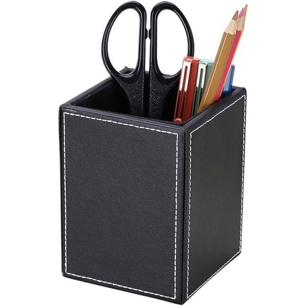 PU-skinn firkantet pennholder kopp skrivebordspapir oppbevaring boks kontor tilbehør beholder boks (svart)
