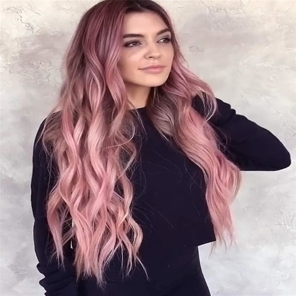 Färgglada långa rosa peruker för kvinnor Naturligt syntetiskt hår peruk med mörka rötter