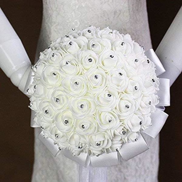 Hvit Rhinestone Bånd Brudeslør Bryllupsbukett Håndlaget Kunstig Silke Holdende Blomster til Bryllup