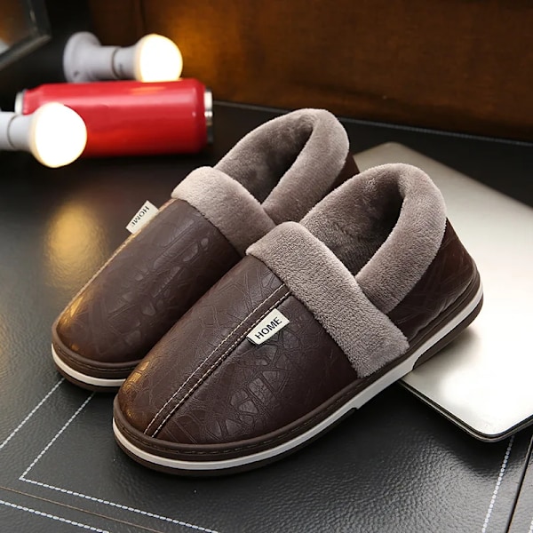 Herre Kunstpels Tøfler Varme Vanntett Innendørs Hjem Flat Flip Flops Soverom Sko Svart Stor Størrelse 50-51 Coffee2 48-49