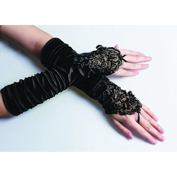 Svarta handskar Långa handskar 1920-tals accessoarer Kostym Fingerless handskar för kvinnor Roaring 20-tals accessoarer Klassiska satinhåriga handskar i armbågslängd (s12)