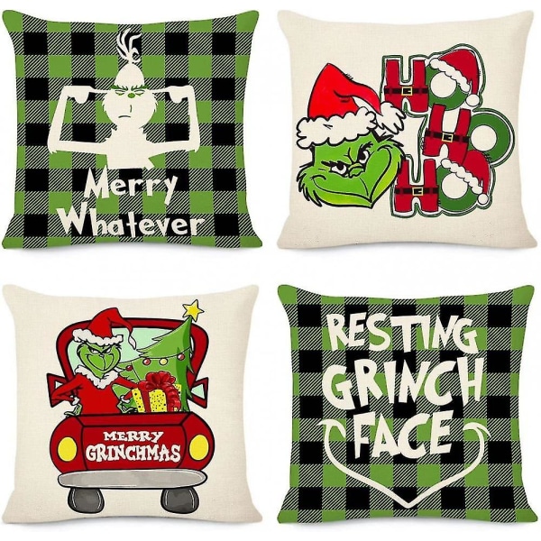 Jul örngott 45x45cm Set om 4 för juldekorationer Grönt Buffalo Plaid Grinch Jul kuddar Vintersemester Thr