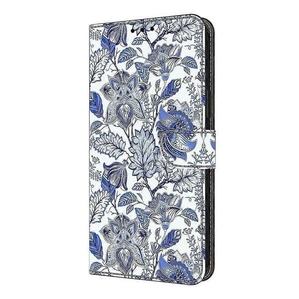 För iPhone 16e Läderfodral Mönstertryck Plånboksställ Flip Telefonfodral Blue Flower Bush