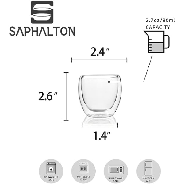 Doble veggglass kaffekopper uten håndtak, 2,5 oz /8,5 oz /13 oz tekopper, klart glass drikkevarer for espresso, cappuccino, latte, varme drikker (2,5 O)