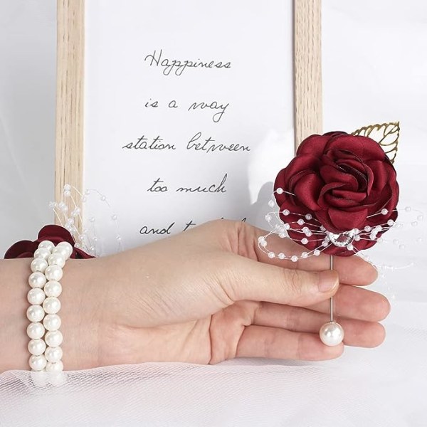 Armbandsros Brudnäbb Bröllop Blommor Bal Corsage och Boutonniere Set för Bröllopsfest Bal Brudgum Brud (Röd)