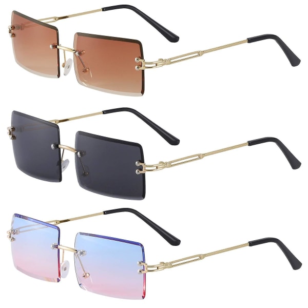 3 par firkantede solbriller uten innfatning Mote rammeløse briller Vintage rektangulære transparente briller