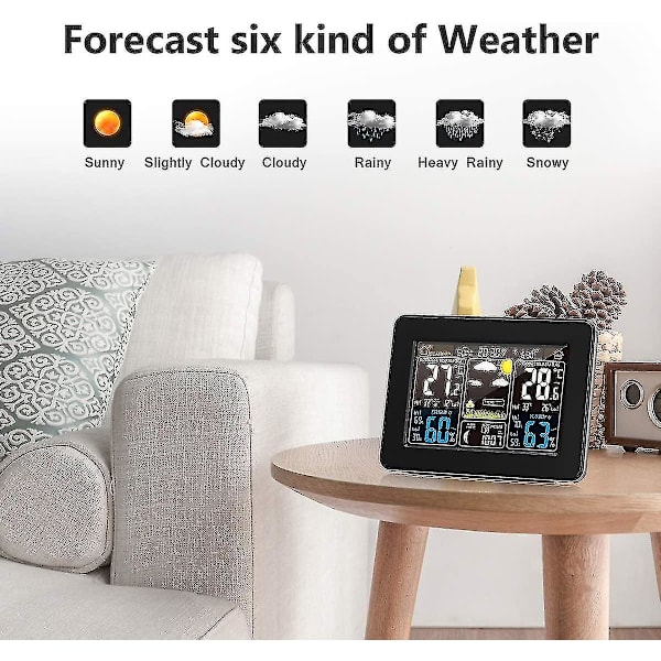 Trådløs værstasjon med varsling og temperatur/fuktighet/barometer/alarm/månefaseklokke/vær med PT3365 fargedisplay