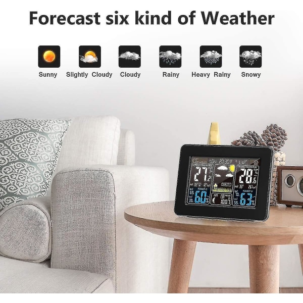 Trådløs Vejrstation med Alarm og Temperatur/Fugtighed/Barometer/Alarm/Månekalender/Vejr med Pt3365 Farvedisplay
