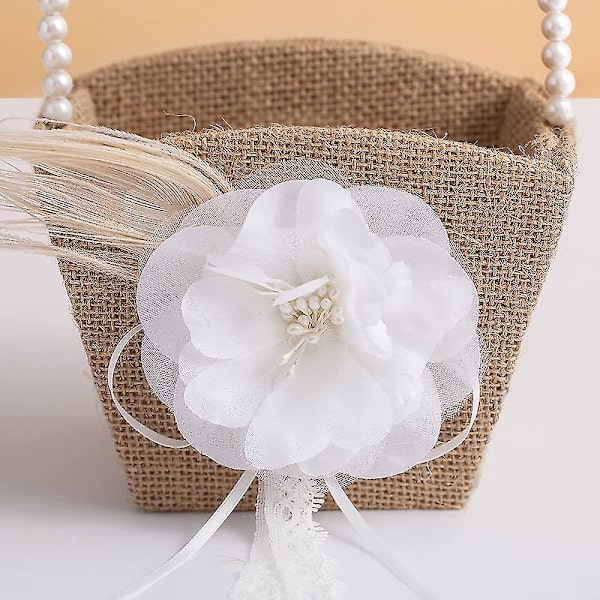 Rustik Blomsterpige Kurv Burlap Jute Kurv Med Perlehåndtag Til Vintage Bryllup Ceremoni