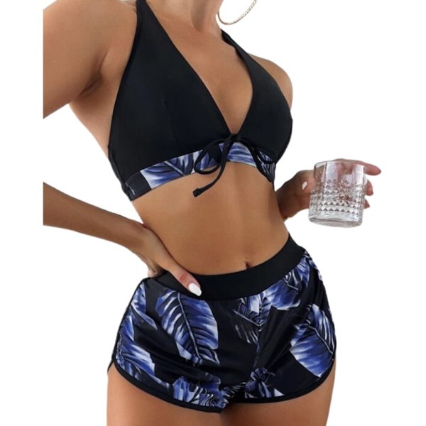 3-delt bikini sæt til kvinder med højtaljede shorts og krydsstropper