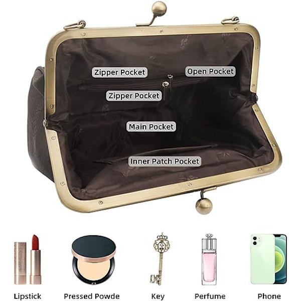 Retro hul håndtaske til kvinder Læder skuldertaske Aften clutch taske Kys lås lukning Crossbody taske Pung