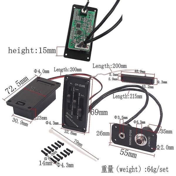 1 Sæt Elektrisk Violin Fiddle Silent Eq Piezo Pickup Forforstærker Strengeinstrument Dele Sort