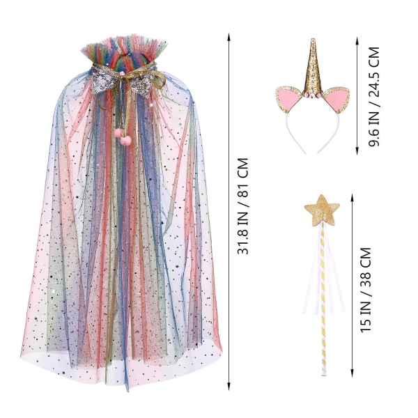 Soimiss Regnbuekappe Enhjørning Hodeplagg Fe-stavsett Fargerikt Unikt Kappe & Hår & Fe-stav Kostymetilbehør For Cosplay Dansing Fest Ball (c