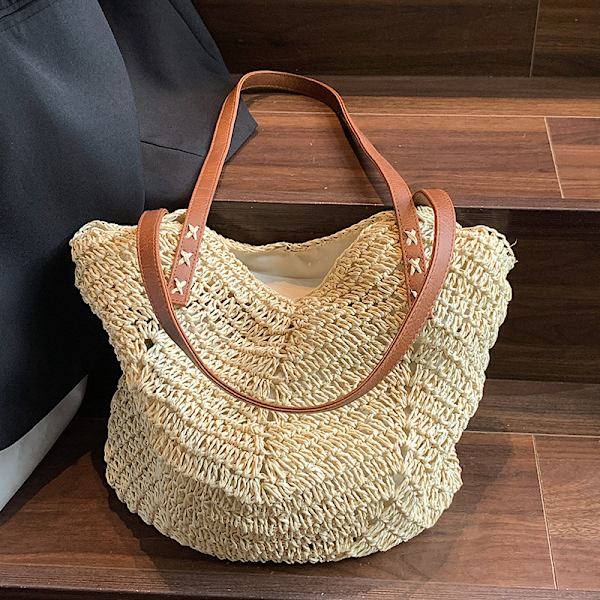 Kvinnor Casual Halm Axelväska Ihålig Väv Strandväska Rotting Semester Tote Väska Stor Kapacitet Resväska beige