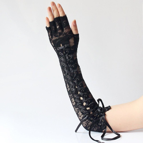 2023 - Dambandage långa handskar, sexiga svarta spets långa fingerlösa handskar, korsbandage