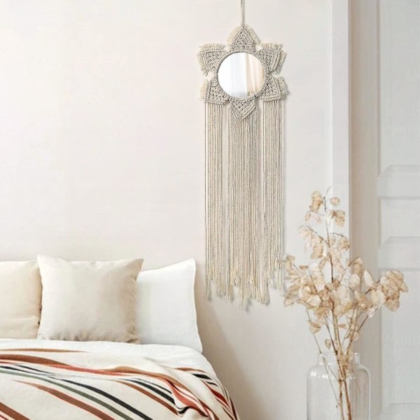 Macrame väggbonad - Boho dekorativ väggspegel med tofsar, handgjord vävd väggdekor