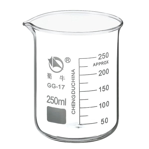 250 ml Lavt Begerglass i Glass, 3.3 Borosilikatglass Gradert Trykt Skala Målebeger med Tute for Kjøkkenlaboratorium Væskeoverføring