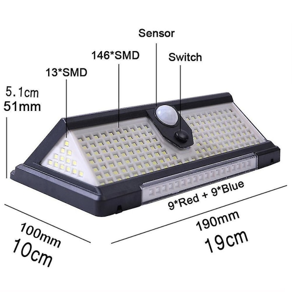 2 st Solcellslampor 190 LED:s Trädgård Belysning Tre Sidor, Rörelsedetektor, Väg/Staket Belysning