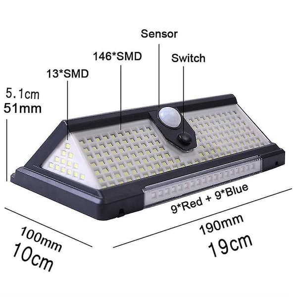 2 stk. Solcellelamper 190 LED'er Have Tre Side Belysning Menneskekropssensorlamper, Vej Gærde Belysning