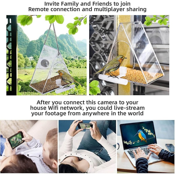 Fuglemater med kamera, HD 1080p nattversjonskamera, Wifi Hotspot for ekstern tilkobling til mobiltelefon for utendørs fugletitting, bilder