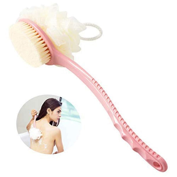 Badborste med borst och luffa, ryggskrubb badnät svamp med böjt långt handtag