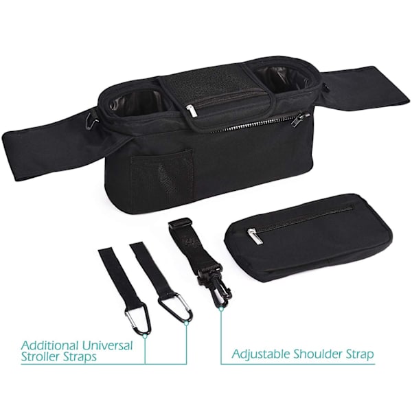 Universal Stroller Organizer Med Isoleret Kopholder, Aftagelig Telefonpose & Skulderrem