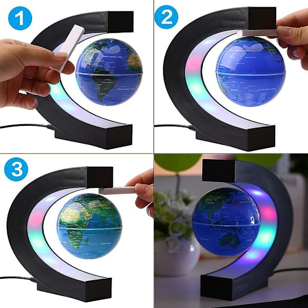 3 tommers flytende globus, C-formet magnetisk levitasjonsglobus, snurrende globusleketøy med 4 fargerike LED-lys, flott lærerpultdekor
