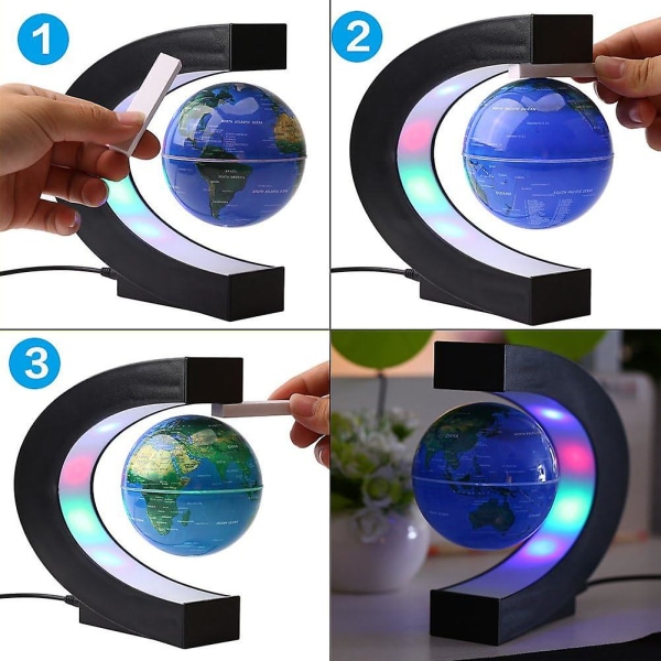 3 tum flytande jordglob, C-formad magnetisk levitation jordglob, snurrande jordglob leksak med 4 färgglada LED-lampor, bra lärare skrivbordsdekoration
