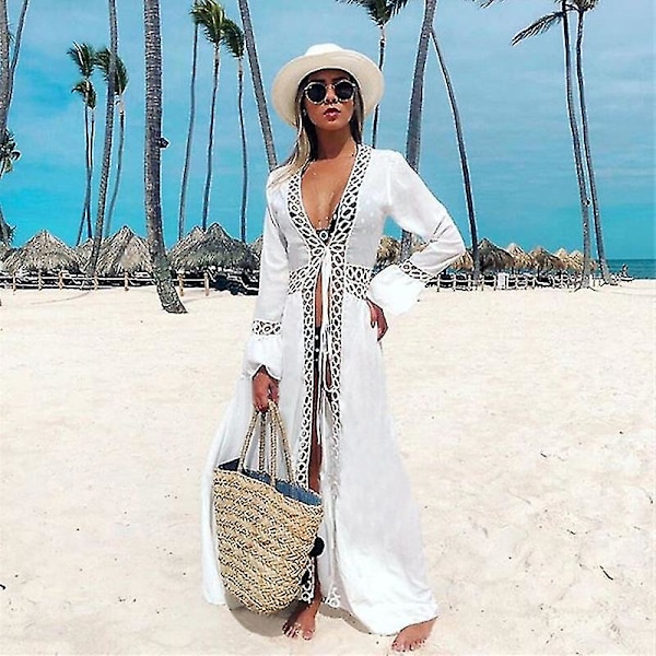 Bikini Cover Up Strand Lang Maxi Kjole Kvinder Strand Cover Up Tunika Pareo Hvid V-hals Kjole Robe Badetøj Badetøj Strandtøj