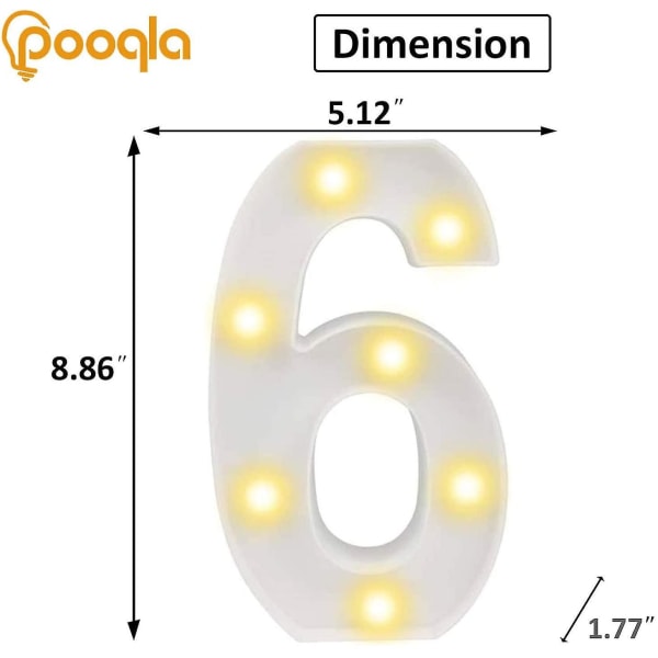 Dekorativa LED-upplysta nummerbokstäver, vita plastsiffror, ljusslinga, festdekoration, bröllopsdekoration, batteridriven siffra (6)