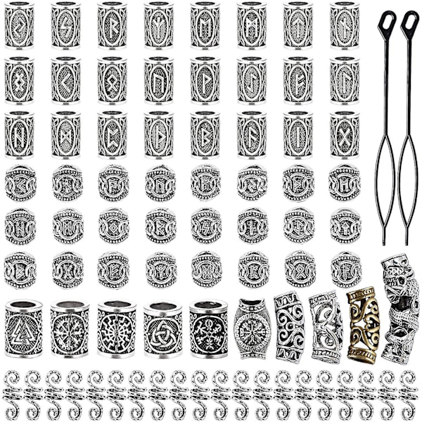 80 stycken vikingaskäggpärlor, fornnordiska hårpärlor, dreadlockspärlor för hårförlängning, armband, halsband, silver, gör-det-själv-smycken, hårdekoration