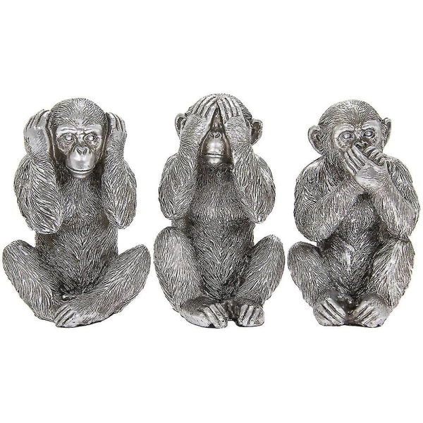 Wise Monkeys Ornamenter i Antik Sølvfinish Bil Orangutang Kreativ Harpiks Ornament Dekorasjon 3stk