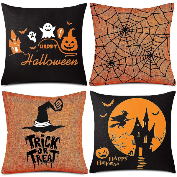 4 kpl Halloween-tyynynpäällistä, oranssi ja musta tyynynpäällinen, Happy Halloween pellavainen sohva